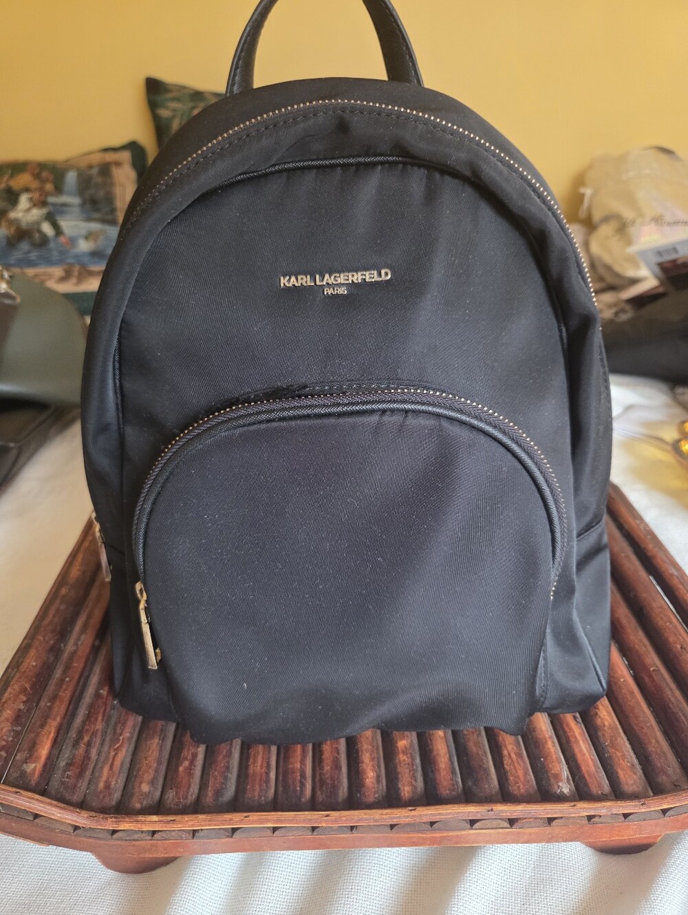 Karl Lagerfeld Black Nylon Compact Backpack with Gold Logo